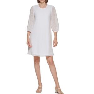 CALVIN KLEIN White Swiss Dot Clip Dot 3/4 length sleeve Mini Shift Dress 6P
